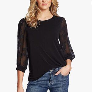 CeCe Black Shirt with Sheer Floral Sleeves